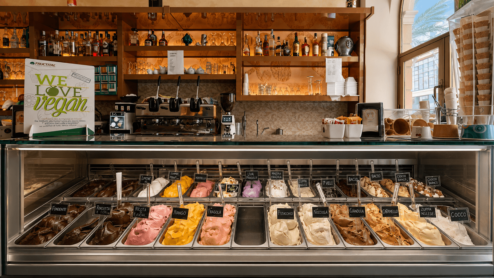 Vetrina refrigerata di una gelateria con numerosi gusti di gelato, tra cui cioccolato, fragola, pistacchio e limone.