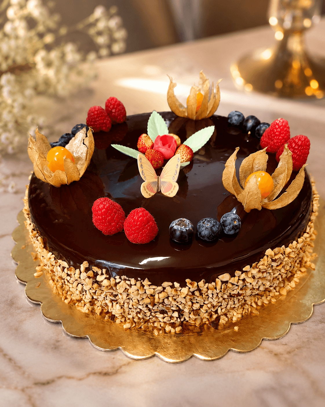 Torta al cioccolato decorata con lamponi, mirtilli, physalis e una farfalla di zucchero.