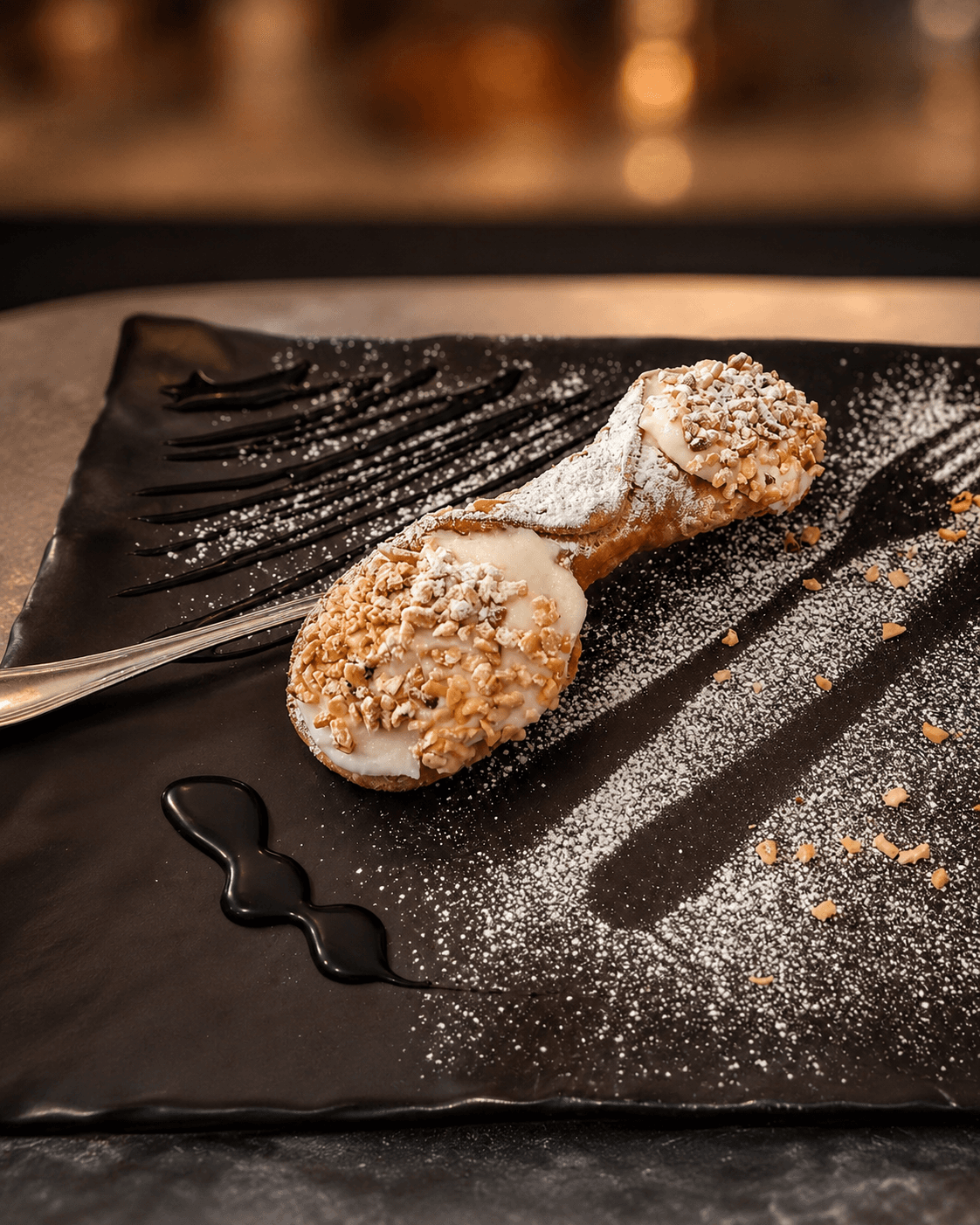 Cannolo siciliano con crema e granella di nocciole su piatto nero con zucchero a velo.