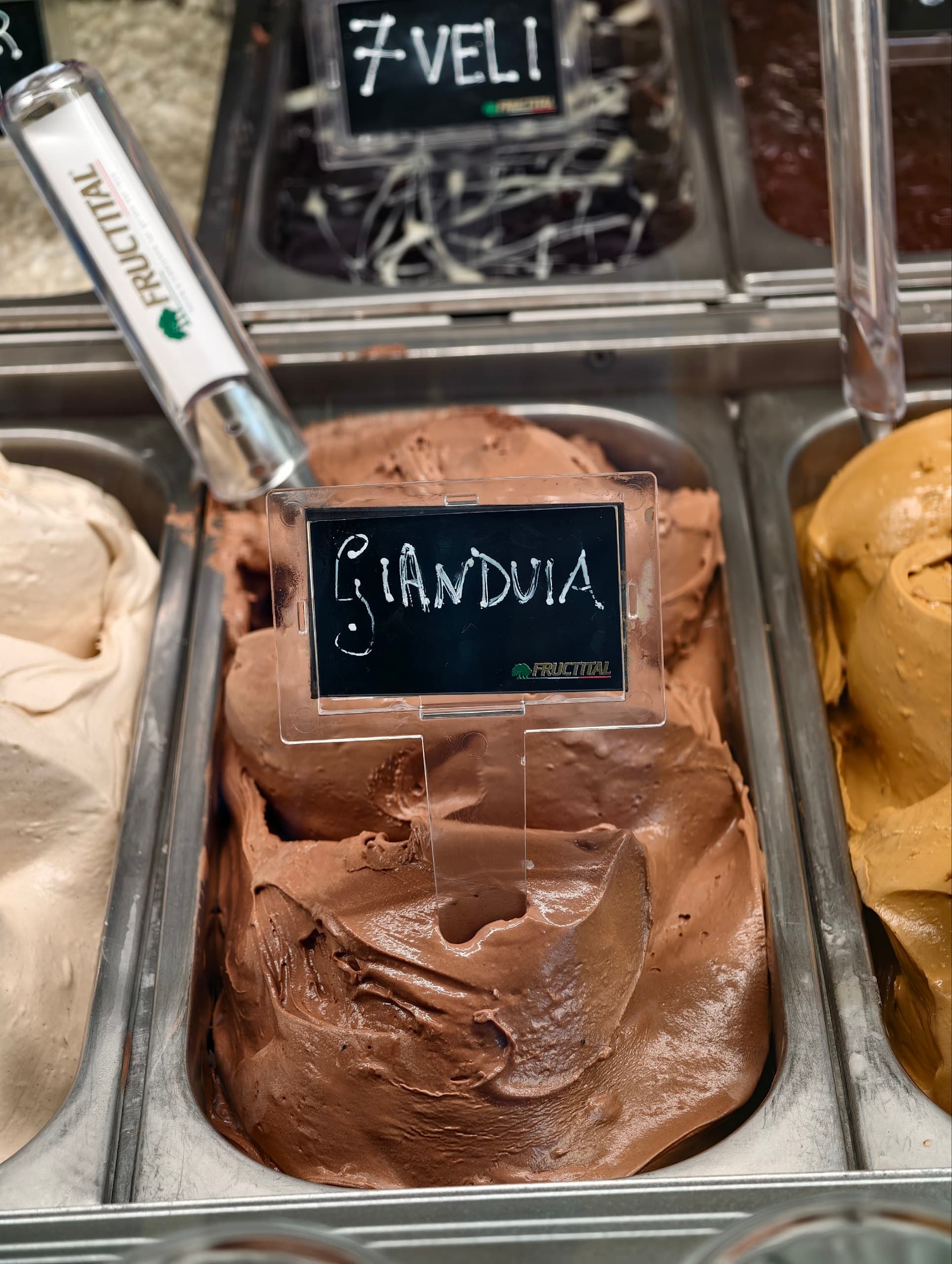 Gelato alla gianduia cremoso in una vaschetta di metallo, con altri gusti di gelato sullo sfondo.