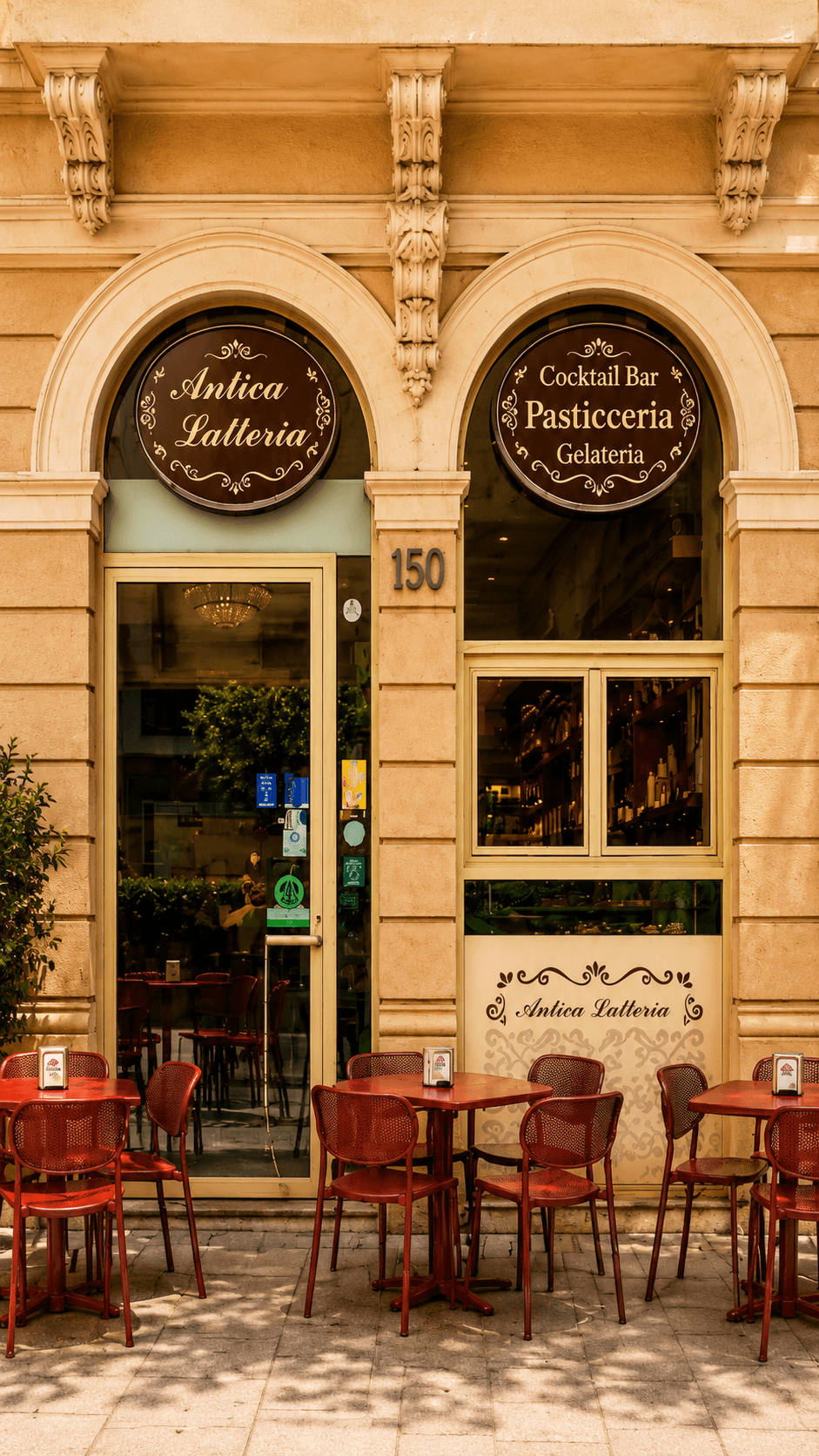 Facciata di un bar-pasticceria con tavolini rossi all'esterno e insegne classiche.